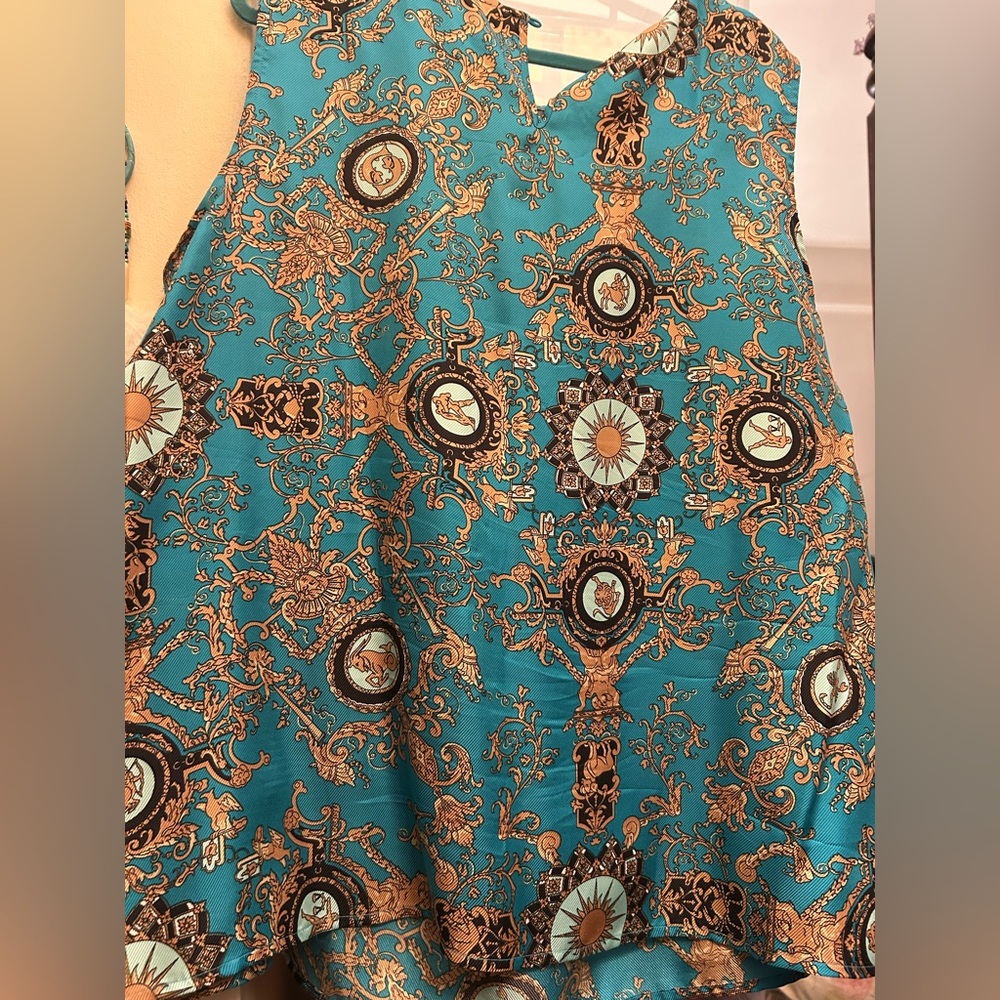 Talbots NWOT Silk File Top Zodiac Print sz 20 sleeveless turquoise, gold, white - Picture 13 of 15
